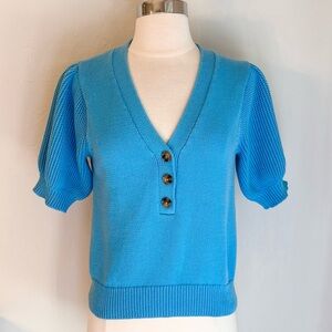 Ann Taylor Mixed Knit Short Puff Sleeve V-neck Sweater Vibrant Blue, Medium